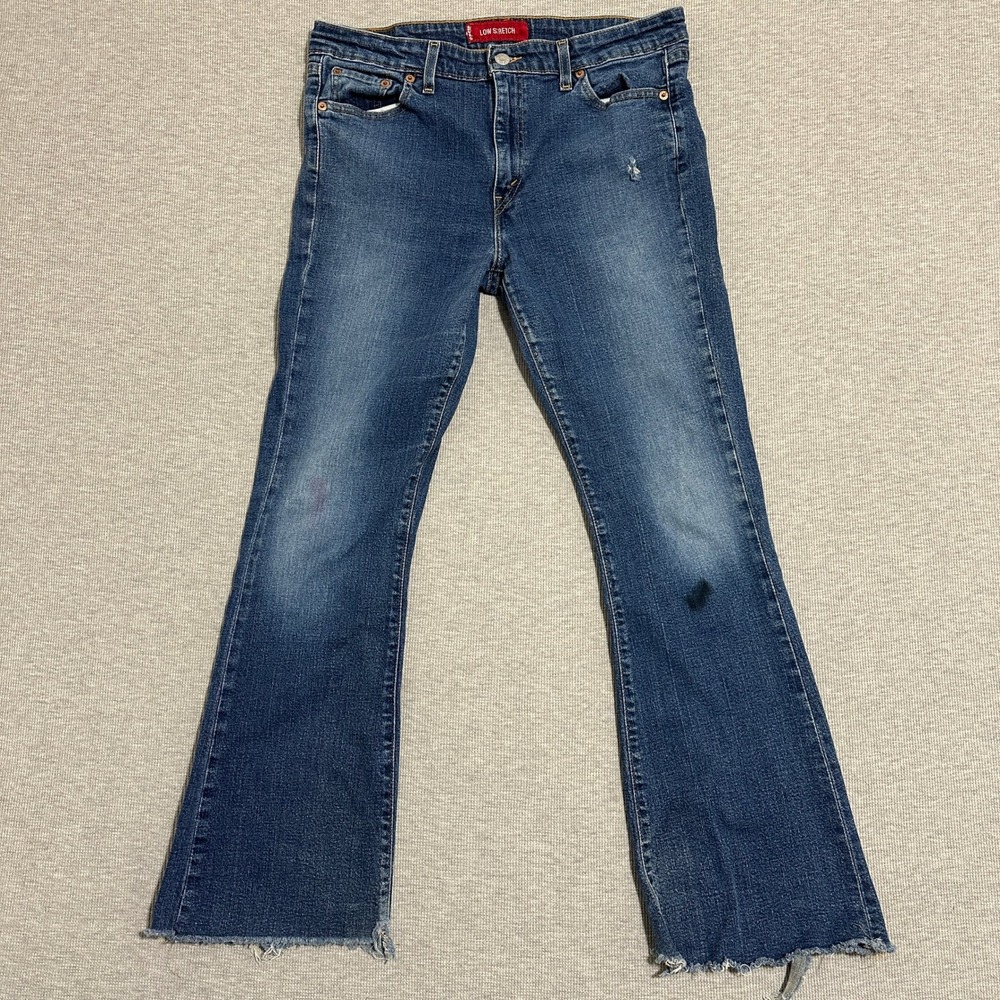 Levi's 519 Low Flare Jeans 13 JR Womens 32x31 Medium Wash Distressed Raw Hem Y2K